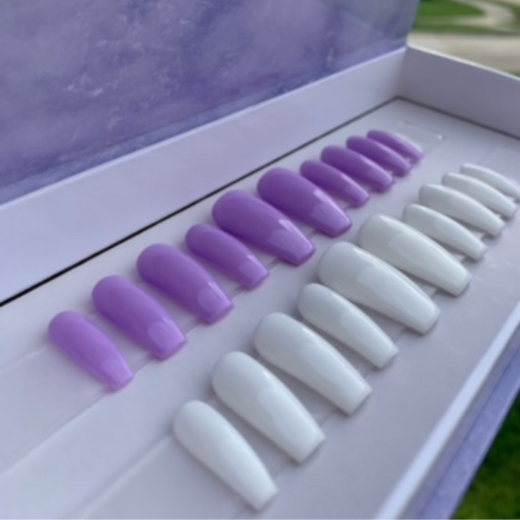 She Basic Sets: medium coffin shaped light purple and medium coffin shaped white press-on nails